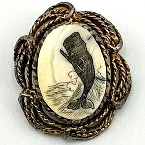 Vintage Scrimshaw Whale Brooch Pin Gold Tone Metal Setting 1.5"